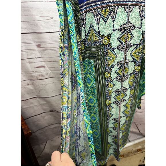 Geometric Print Dress V Neck Long Sleeve Tunic Mini Dress Colorful - Picture 2 of 4